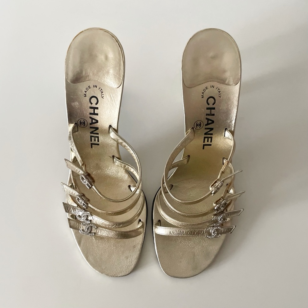 CHANEL “CC” Crystal Rhinestone Gold Leather Strappy Sandal Heels